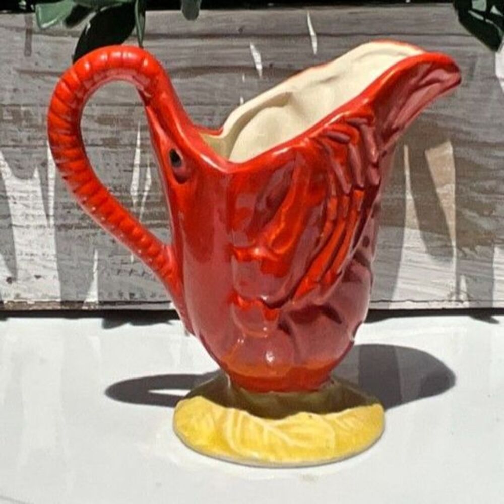 Maruhon Ware Red Lobster 3" ceramic Creamer Hand Painted Japan Coastal chic